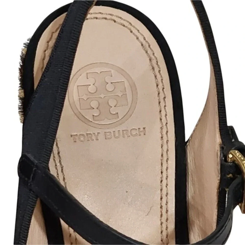 Tory Burch Black Criss Cross Leopard Print Wedge Platform Heels Sandals 9.5‎